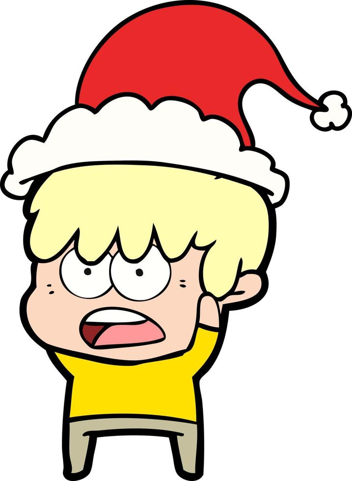 worried line drawing of a boy wearing santa hat vector