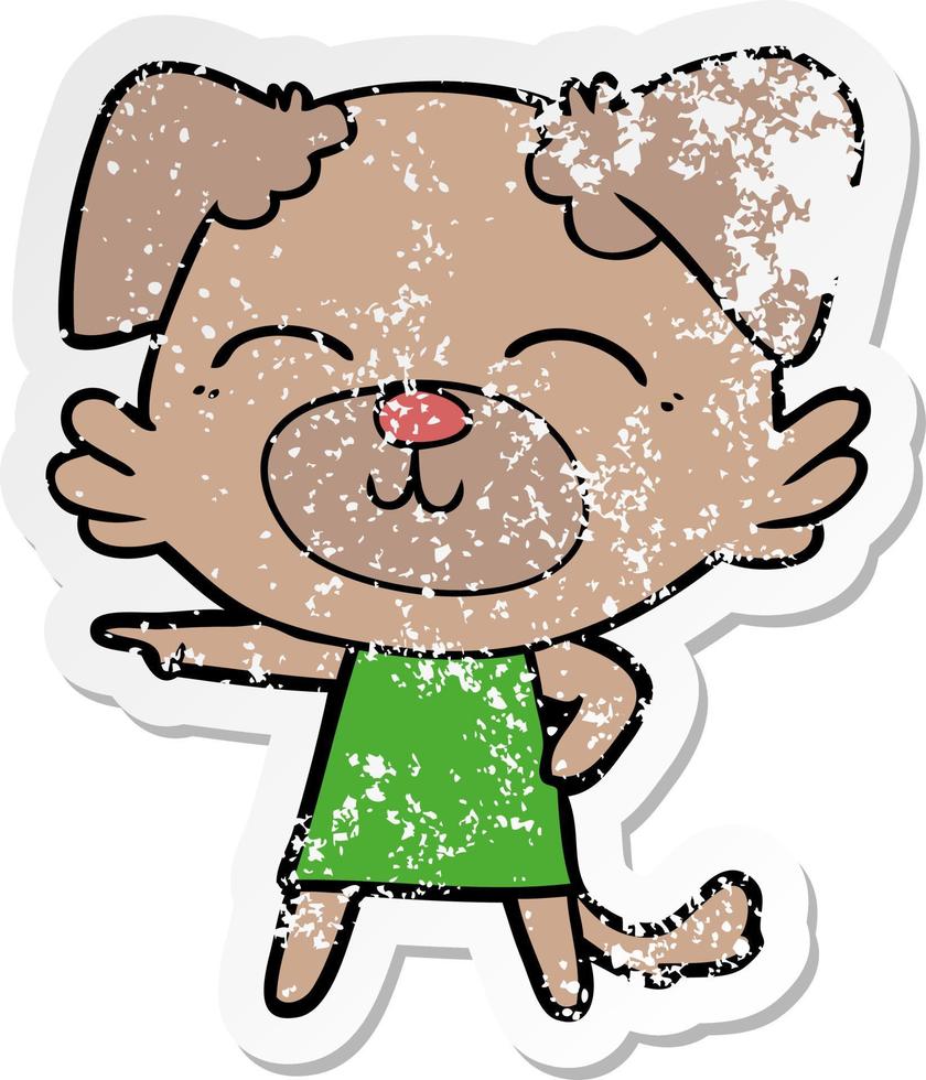 distressed sticker of a cartoon dog in dress pointing vector