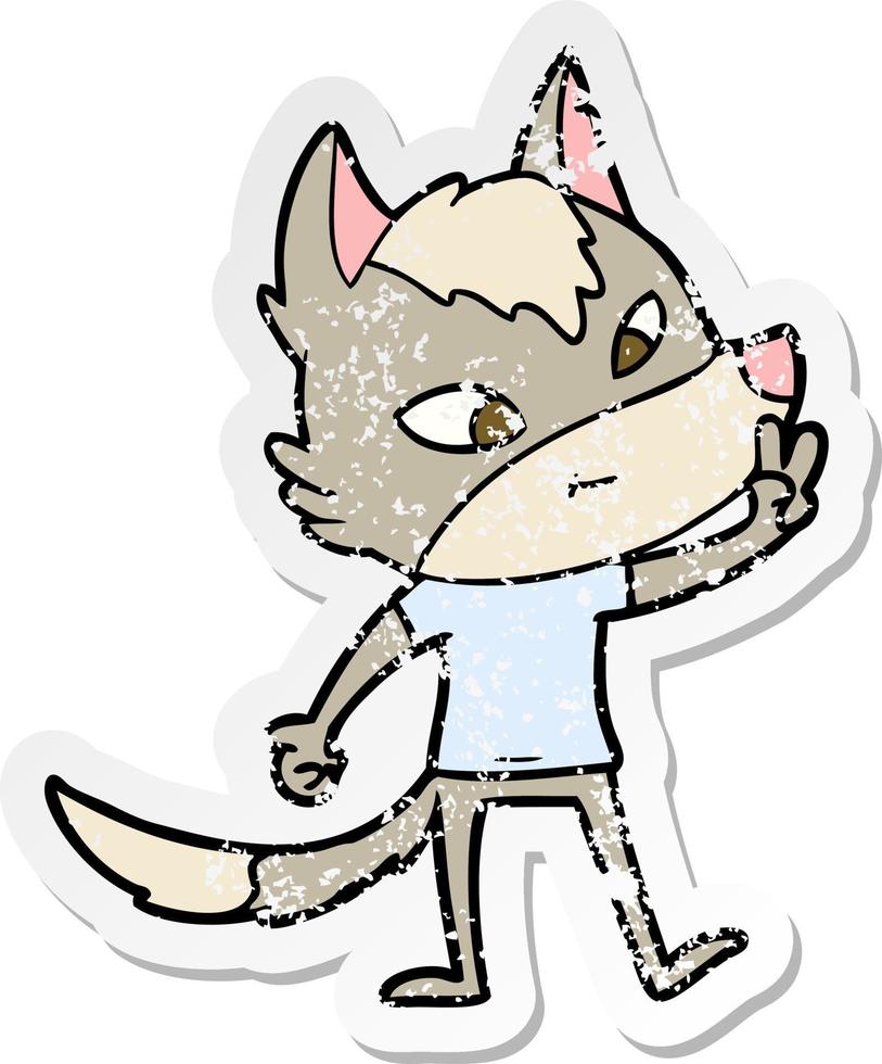 distressed sticker of a friendly cartoon wolf giving peace sign vector