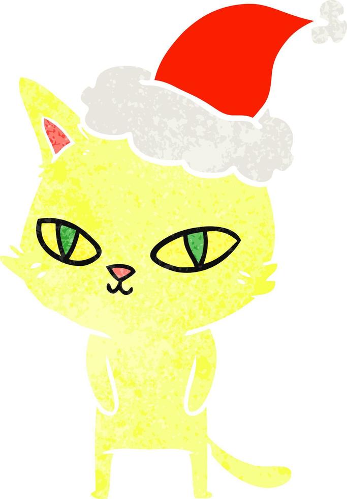 retro cartoon of a cat with bright eyes wearing santa hat vector