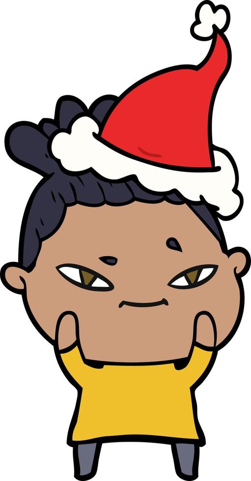 line drawing of a woman wearing santa hat vector