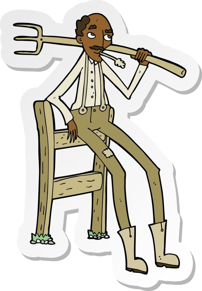 sticker of a cartoon old farmer leaning on fence vector