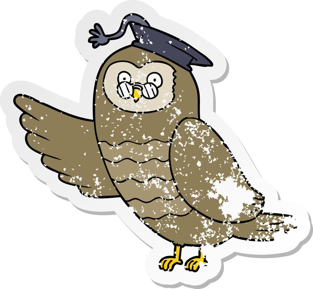 distressed sticker of a cartoon owl graduate vector