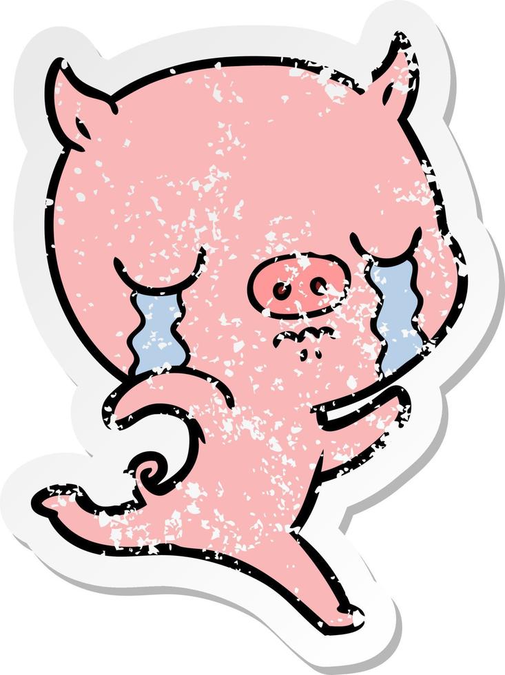 distressed sticker of a cartoon running pig crying vector