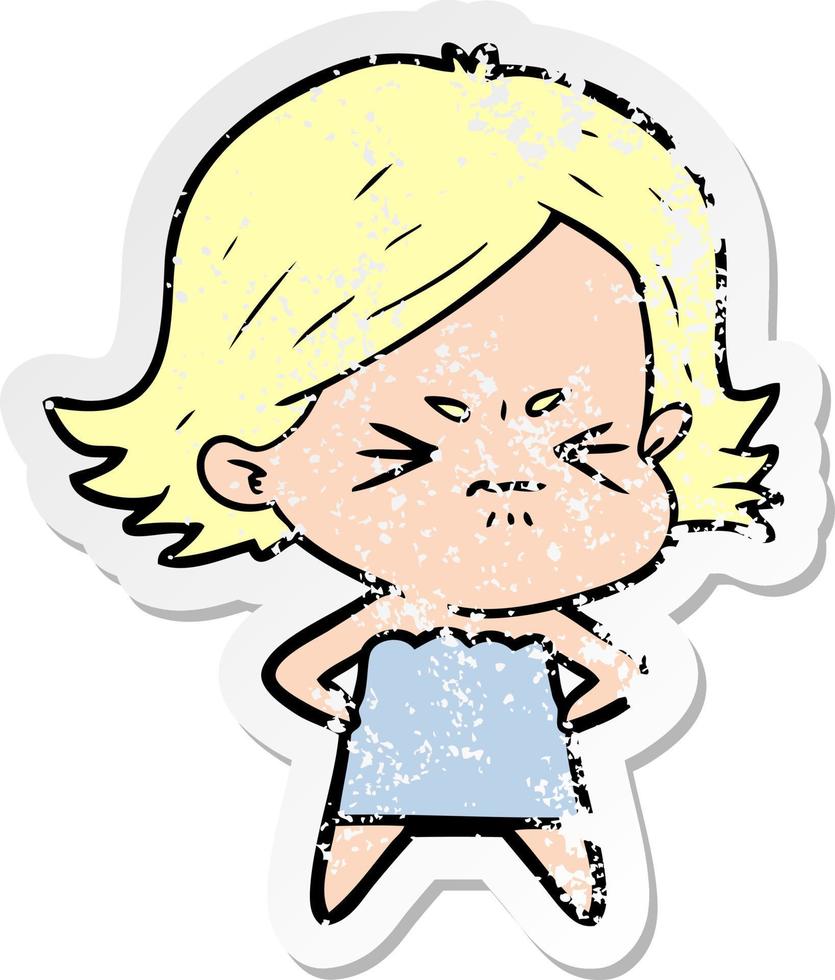 distressed sticker of a cartoon angry girl vector