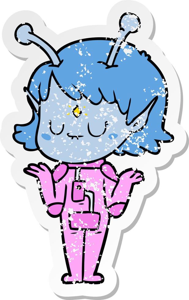 distressed sticker of a cartoon alien girl vector