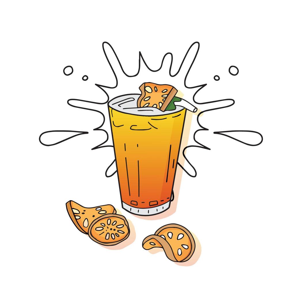 jugo de bael, fruta aromática con salpicaduras detrás y bael seco. ilustración vectorial dibujada a mano aislada sobre fondo blanco. vector