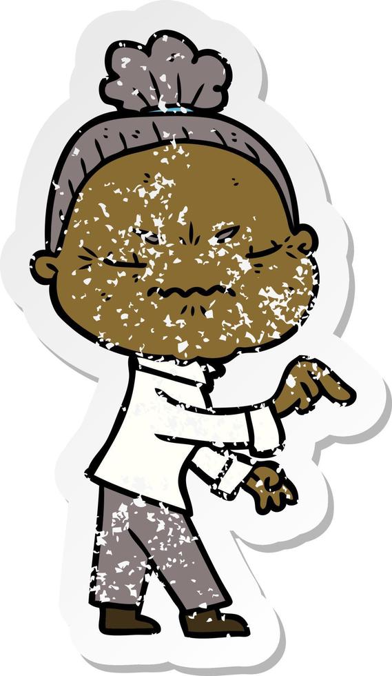 distressed sticker of a cartoon annoyed old lady vector