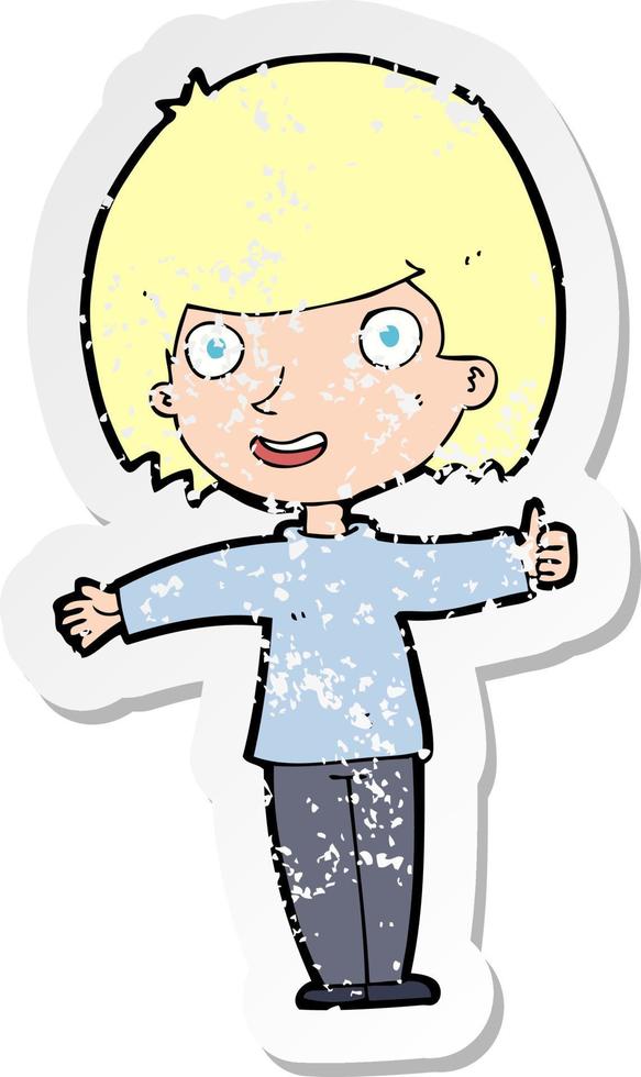 retro distressed sticker of a cartoon happy woman vector