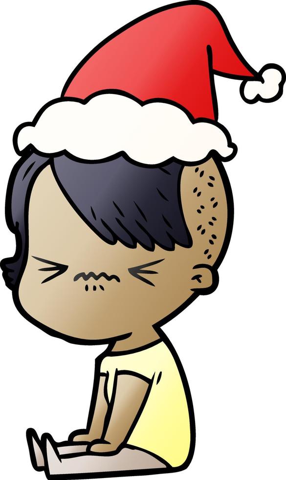 gradient cartoon of a annoyed hipster girl wearing santa hat vector