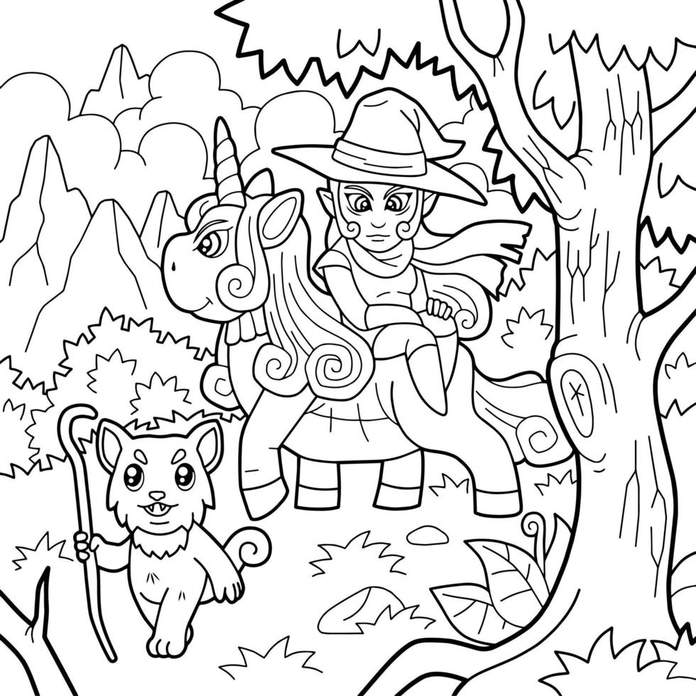 witch riding a unicorn coloring book vector