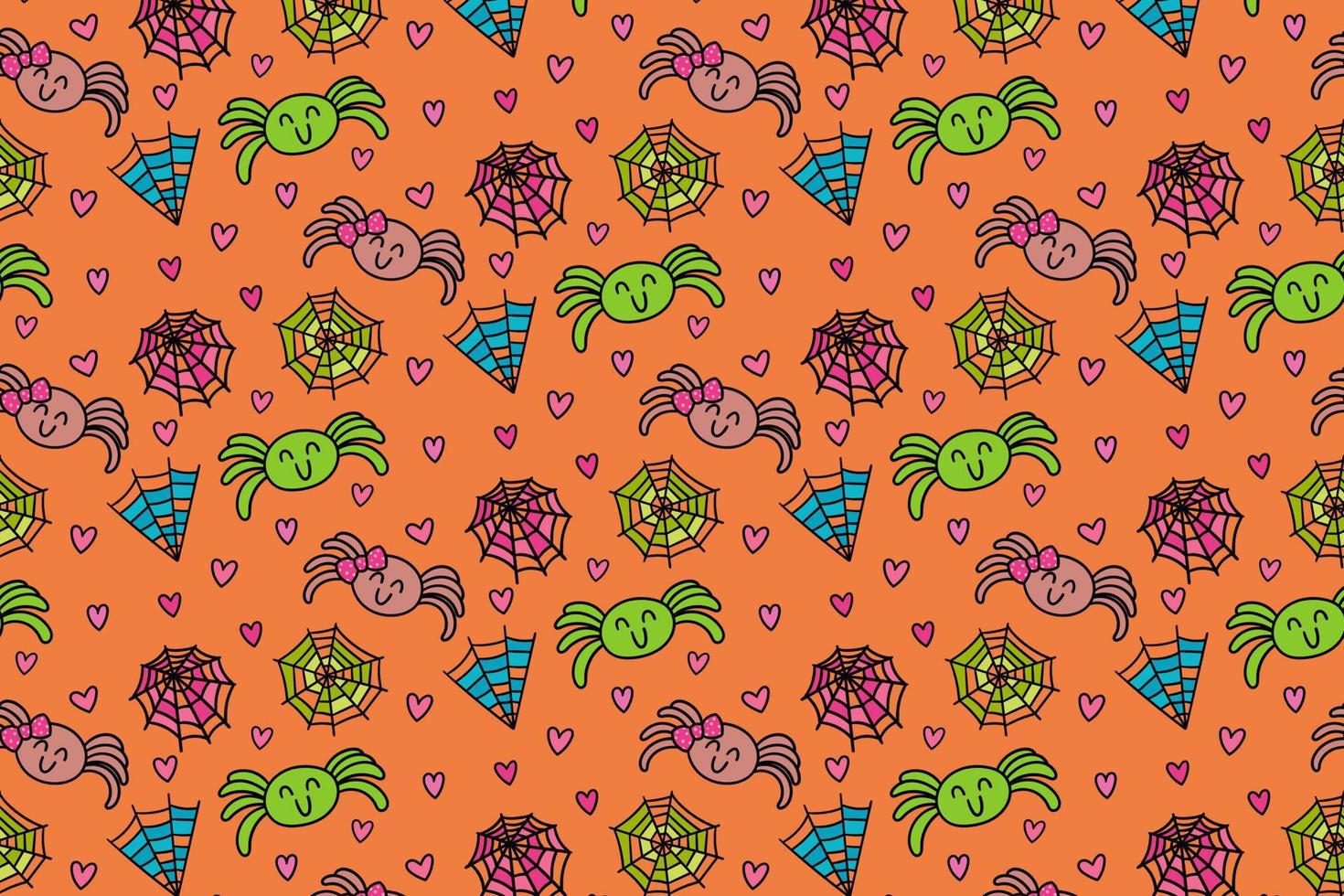 A couple spiders are in love, love is a trap like a spider's web full of tricks and deceit. seamless pattern, kawaii, cartoon, doodles, print, art. vector