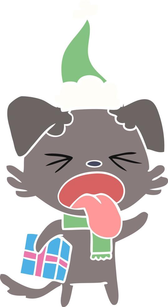 flat color illustration of a disgusted dog with christmas gift wearing santa hat vector