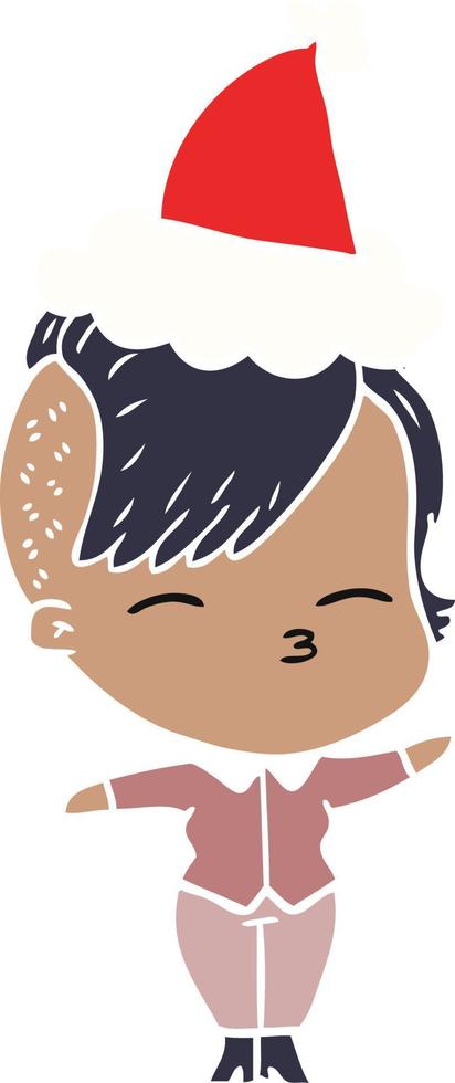 ilustración de color plano de una niña entrecerrando los ojos con sombrero de santa vector