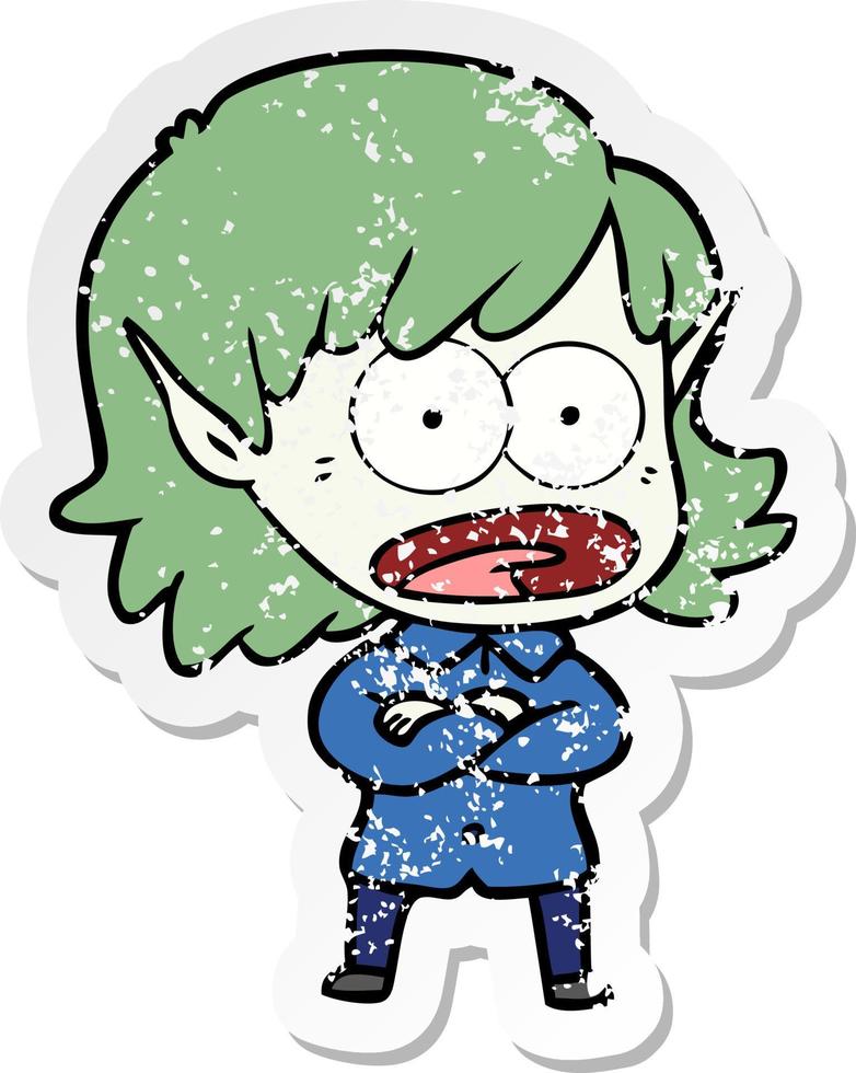 distressed sticker of a cartoon shocked elf girl vector