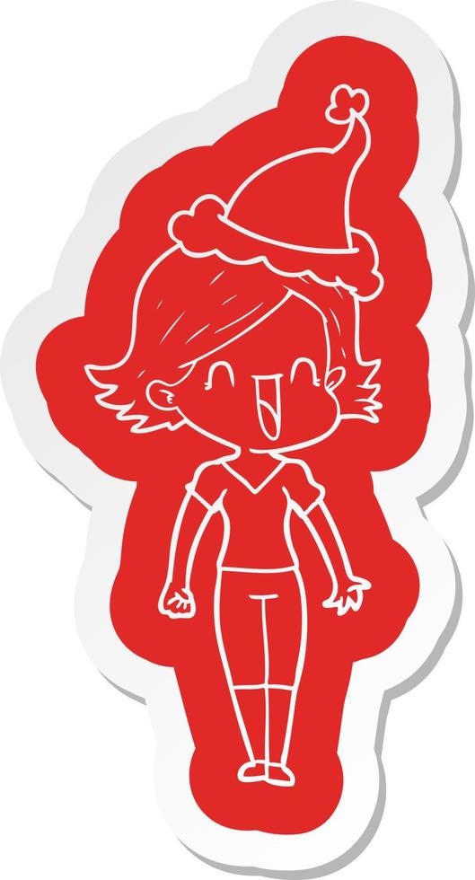 cartoon  sticker of a happy woman wearing santa hat vector