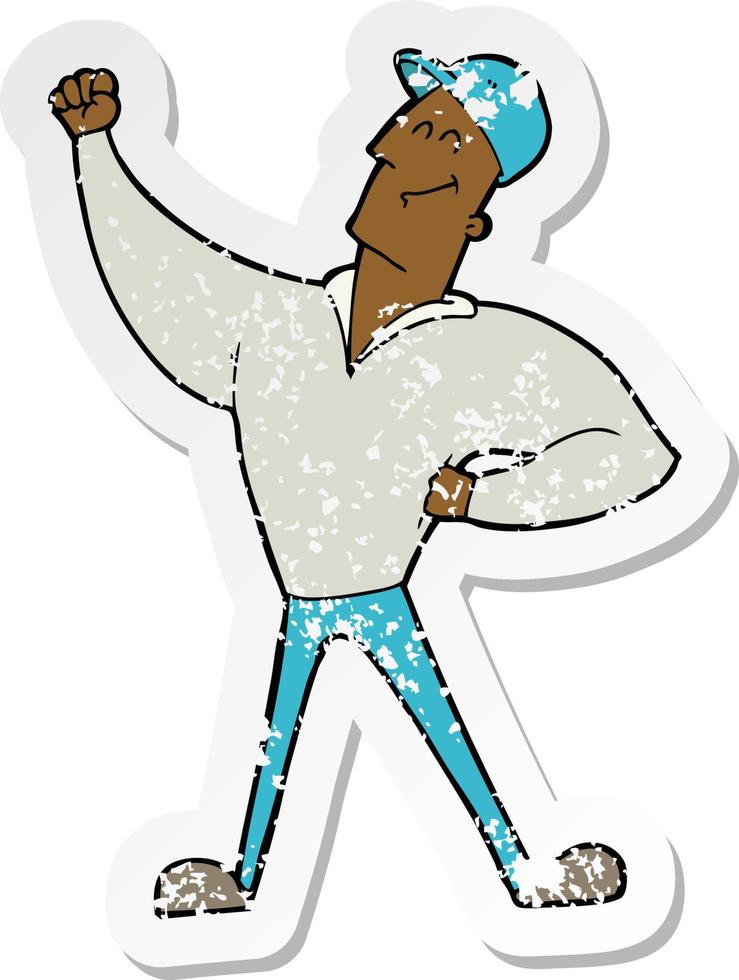 retro distressed sticker of a cartoon man striking heroic pose vector