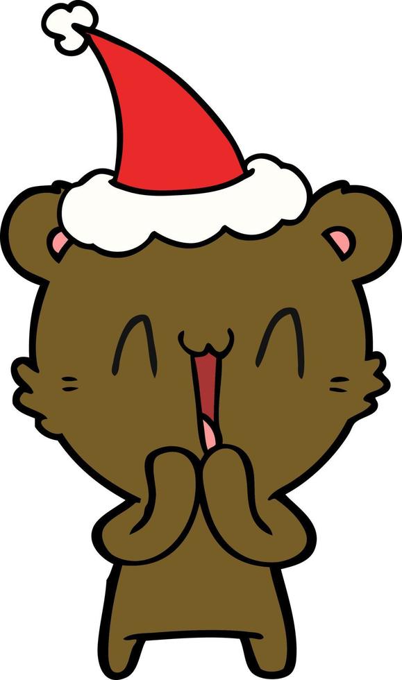 happy bear line drawing of a wearing santa hat vector