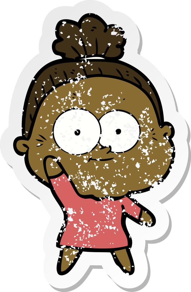 distressed sticker of a cartoon happy old woman vector