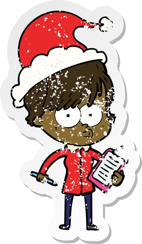 distressed sticker cartoon of a woman wearing santa hat vector