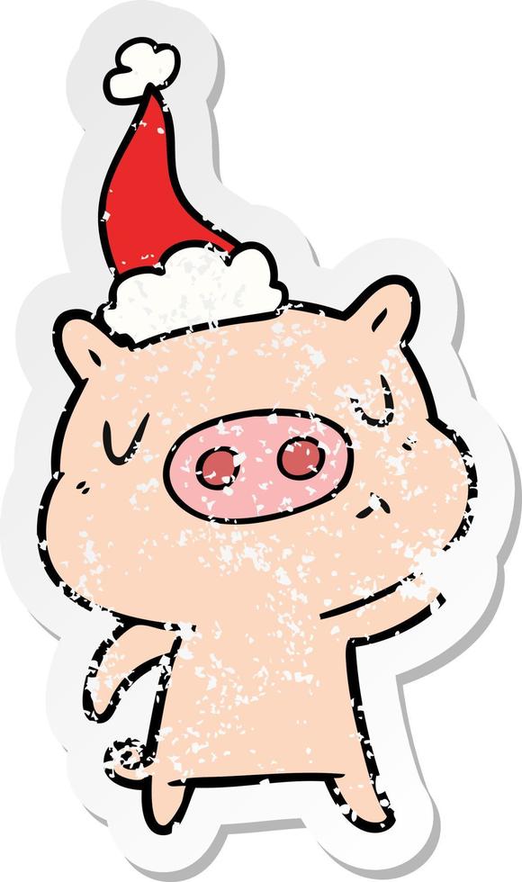 distressed sticker cartoon of a content pig wearing santa hat vector