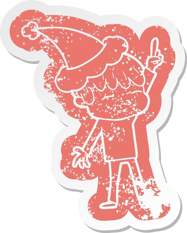 cartoon distressed sticker of a curious boy wearing santa hat vector