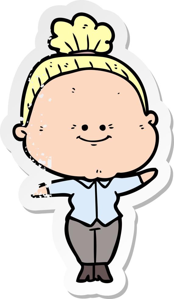 distressed sticker of a cartoon happy old woman vector