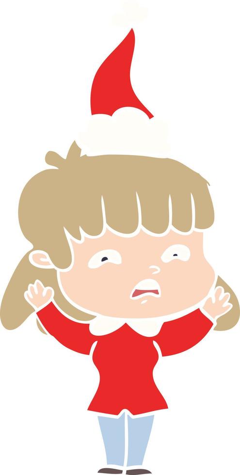 flat color illustration of a worried woman wearing santa hat vector