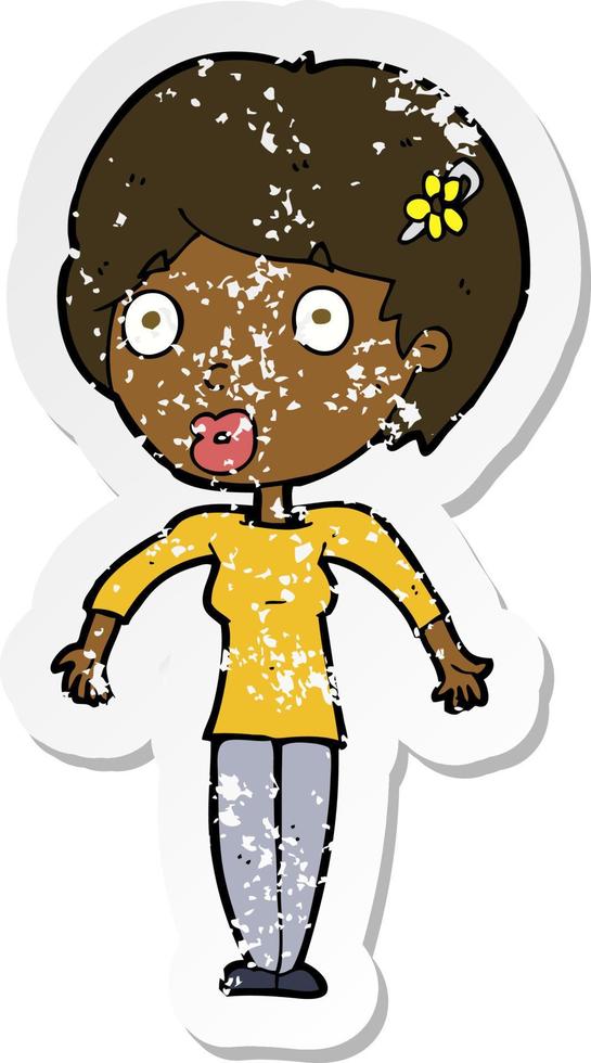 retro distressed sticker of a cartoon shocked woman vector