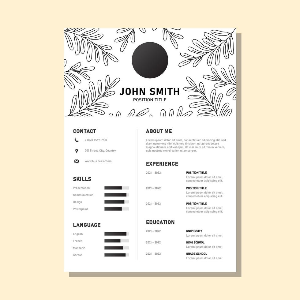 black and white floral resume design template vector