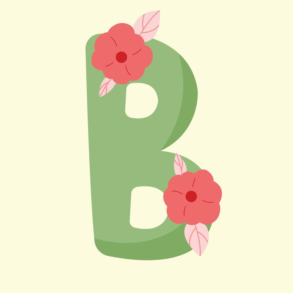 Cute Colored B letter with flowers. Hand drawing font for name postcard design. vector