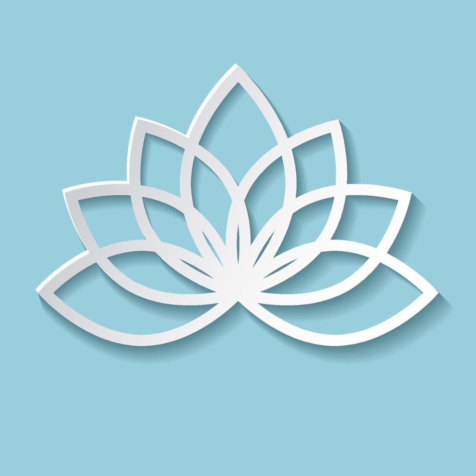 Lotus in paper cut out style. Water lily with shade on blue plain background. Vector illustration.