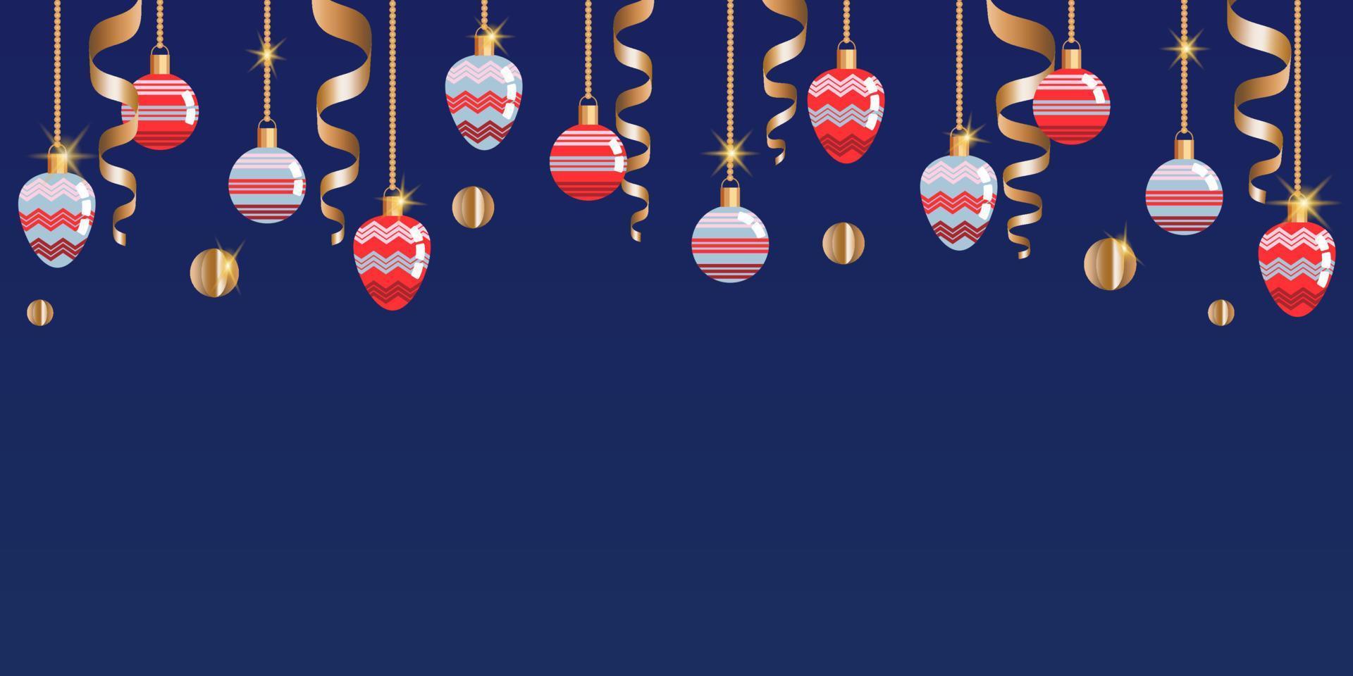 Hanging Christmas baubles with gold chain and ribbons on blue background. Festive banner, poster. Vector illustration.