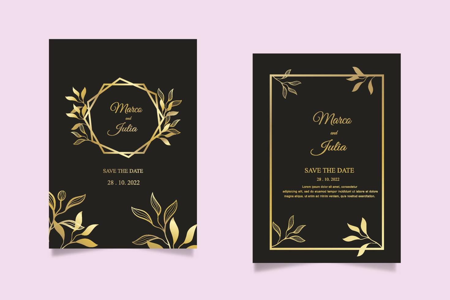 wedding invitation card template set with golden floral decoration. Abstract background save the date, invitation, greeting card, multi-purpose vector