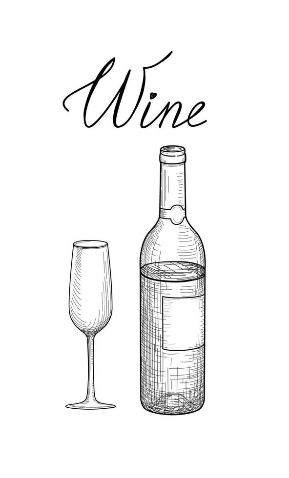 beber juego de vino. pancarta del menú de la barra de café. copa de vino, botella, letras. fondo grabado retro winecard vector