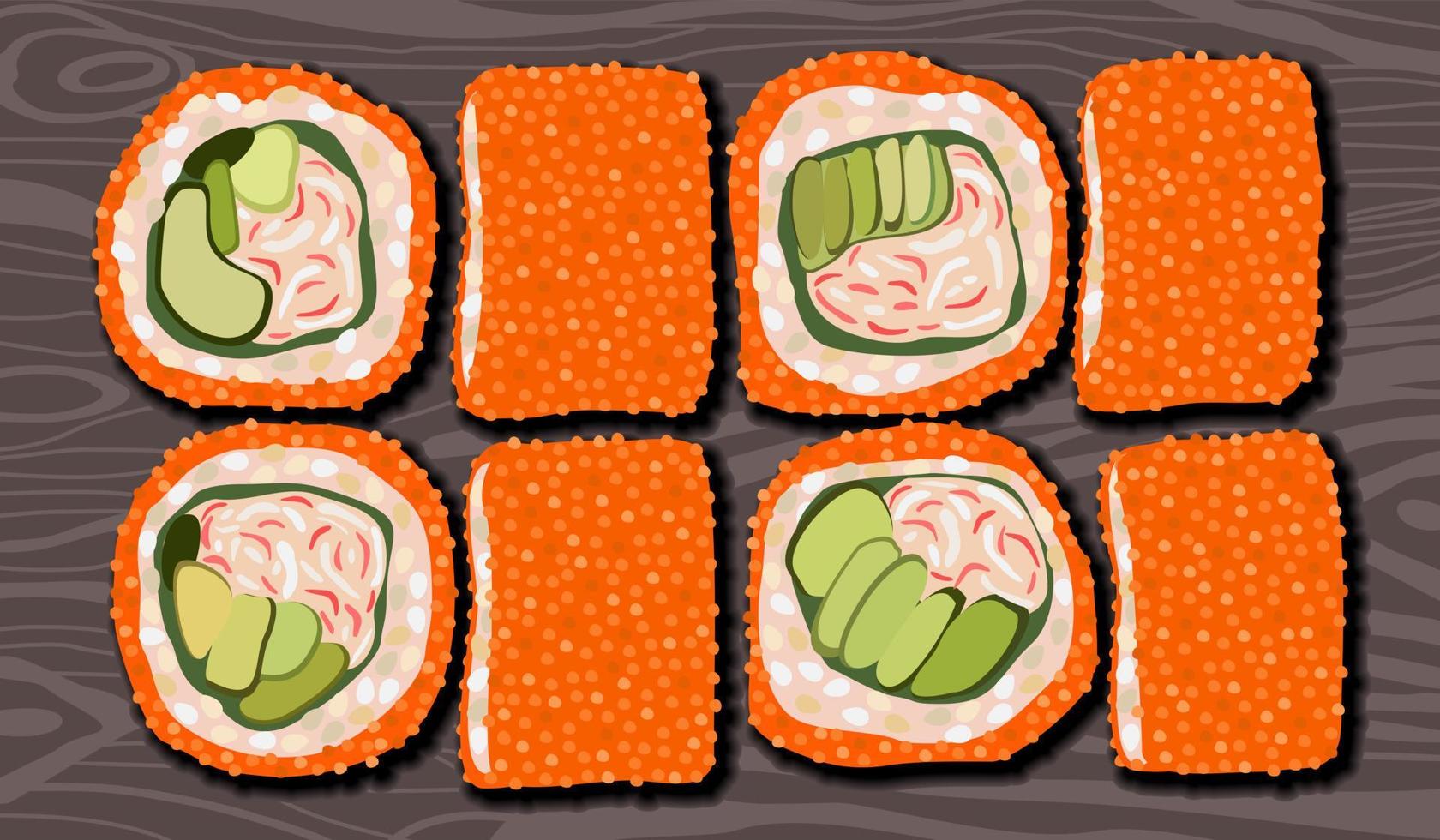 Rolls with cucumber. Vector set on dark wooden background.