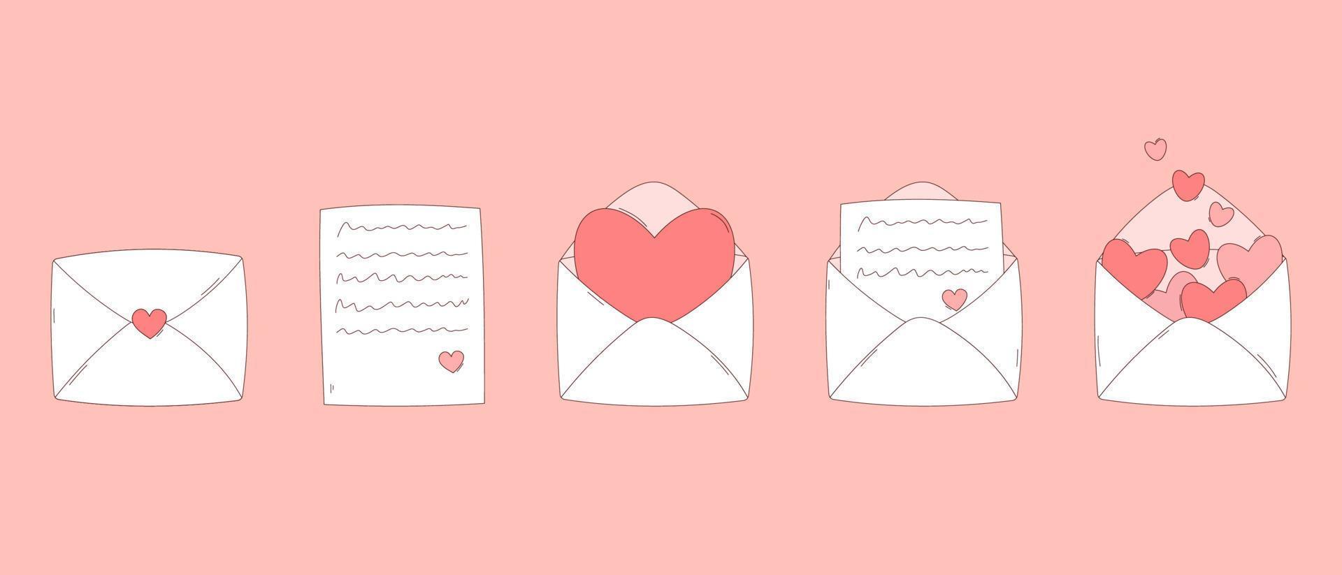 conjunto de cartas de amor para la decoración del día de san valentín. sobre blanco con corazón rosa. Feliz día de San Valentín. vector plano aislado