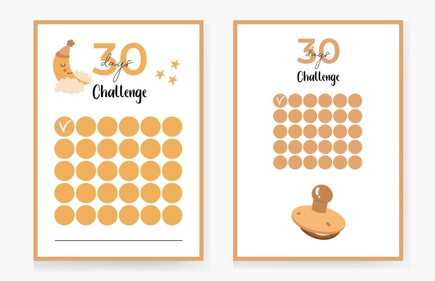 30 days challenge, children's, boho style. vector illustration, with moon and pacifier and stars.