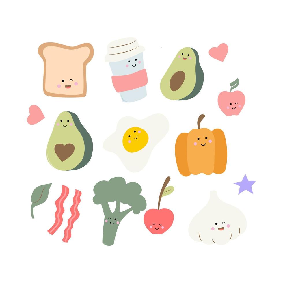 Cute food - broccoli, toast egg end garlic vector