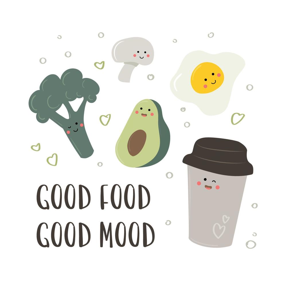 Set of cute healthy breakfast vector food. Card with text