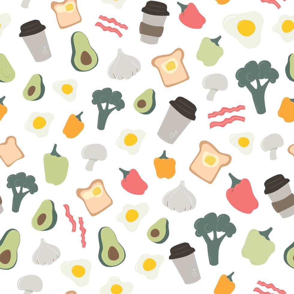 conjunto de lindos alimentos saludables para el desayuno vectorial. patrones sin fisuras vector