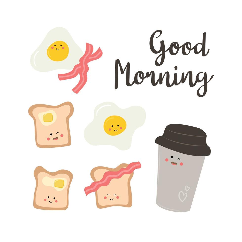 Set of cute breakfast vector food. Card with text