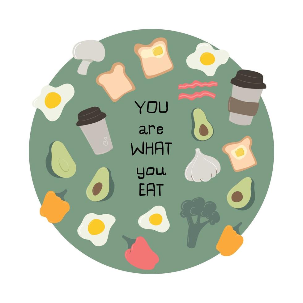 conjunto de lindos alimentos saludables para el desayuno vectorial. tarjeta con texto vector