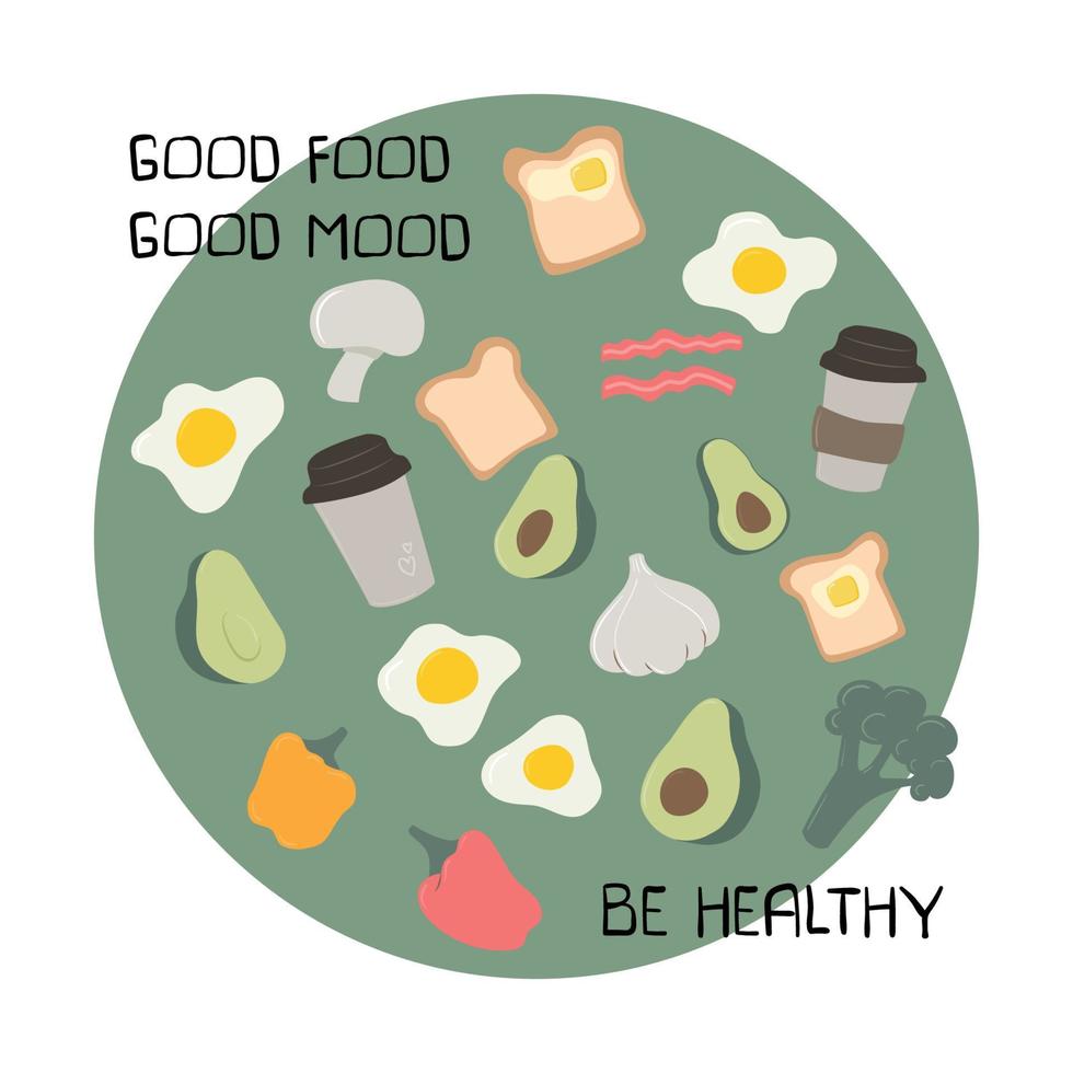 conjunto de lindos alimentos saludables para el desayuno vectorial. tarjeta con texto vector