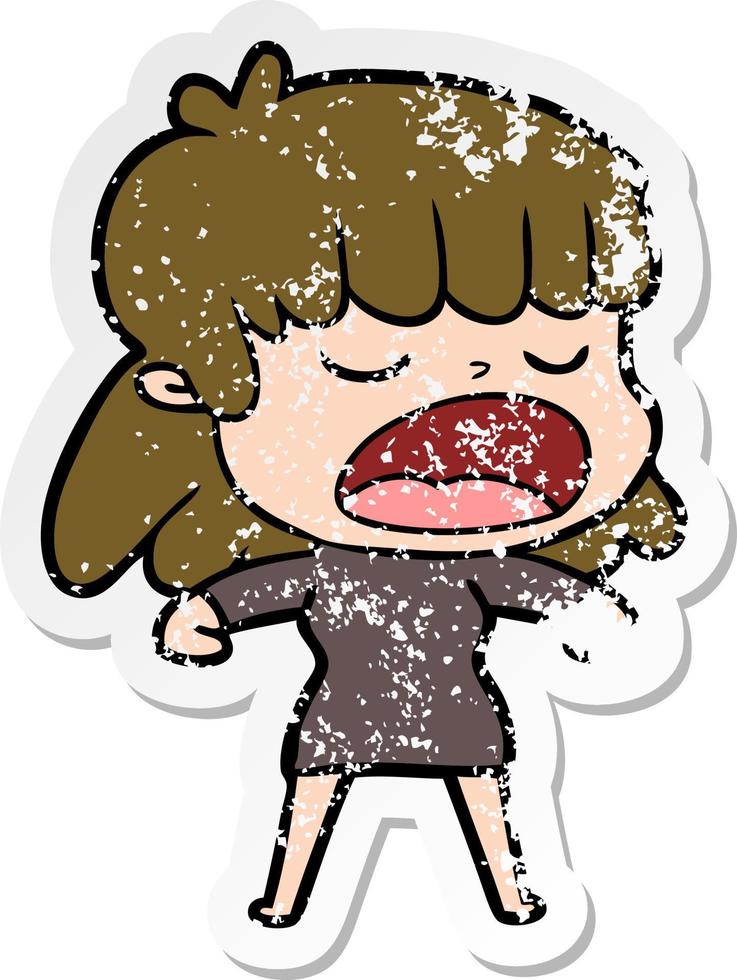 distressed sticker of a cartoon woman talking loudly vector