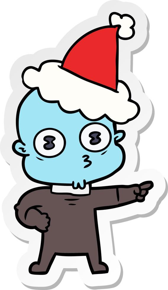 sticker cartoon of a weird bald spaceman wearing santa hat vector