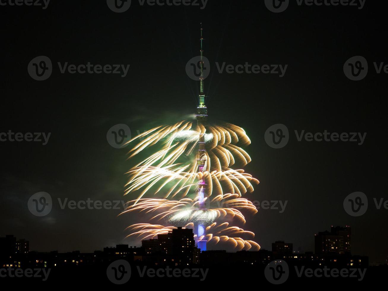 fireworks around Ostankino TV Tower in Moscow photo