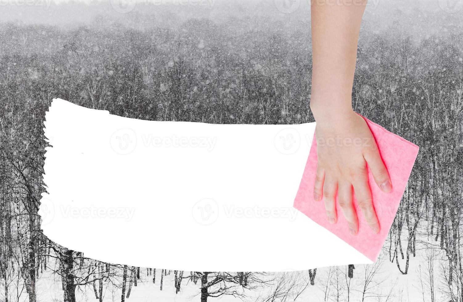 hand deletes snow over woods by pink rag photo