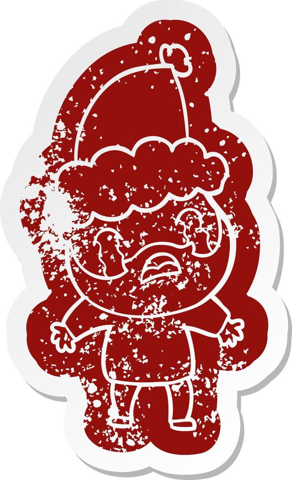 cartoon distressed sticker of a bearded man crying wearing santa hat vector