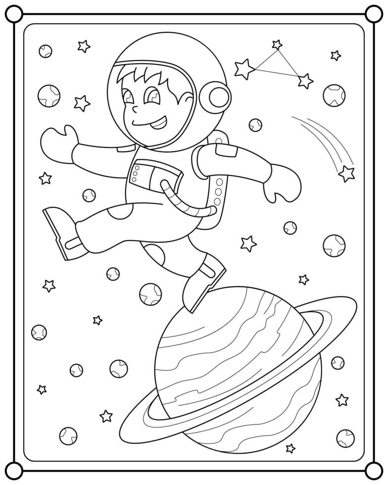 Child astronaut and planet in outer space suitable for children's coloring page vector illustration